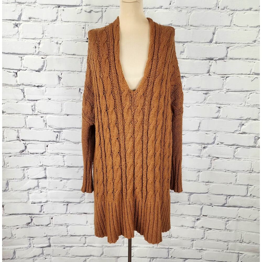Free People Sweater Womens S chunky cable knit oversized tunic burnt orange